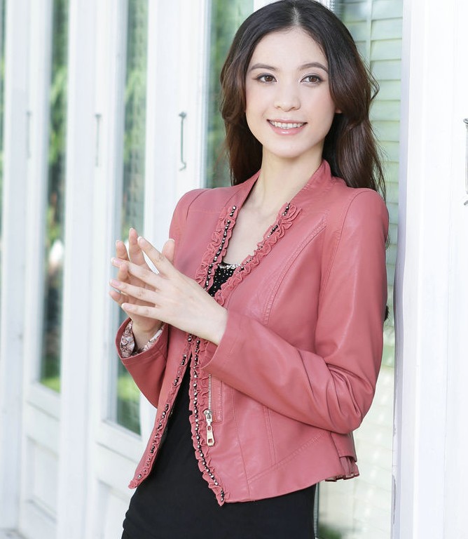 Free shipping Made in China women fashion leather jacket coat natural sheepskin leather woman slim leather jacket coat zipper