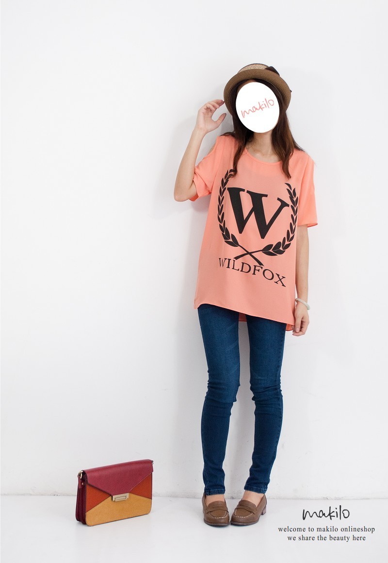 free shipping Makilo letter w leaves strapless print loose summer female T-shirt short-sleeve chiffon shirt