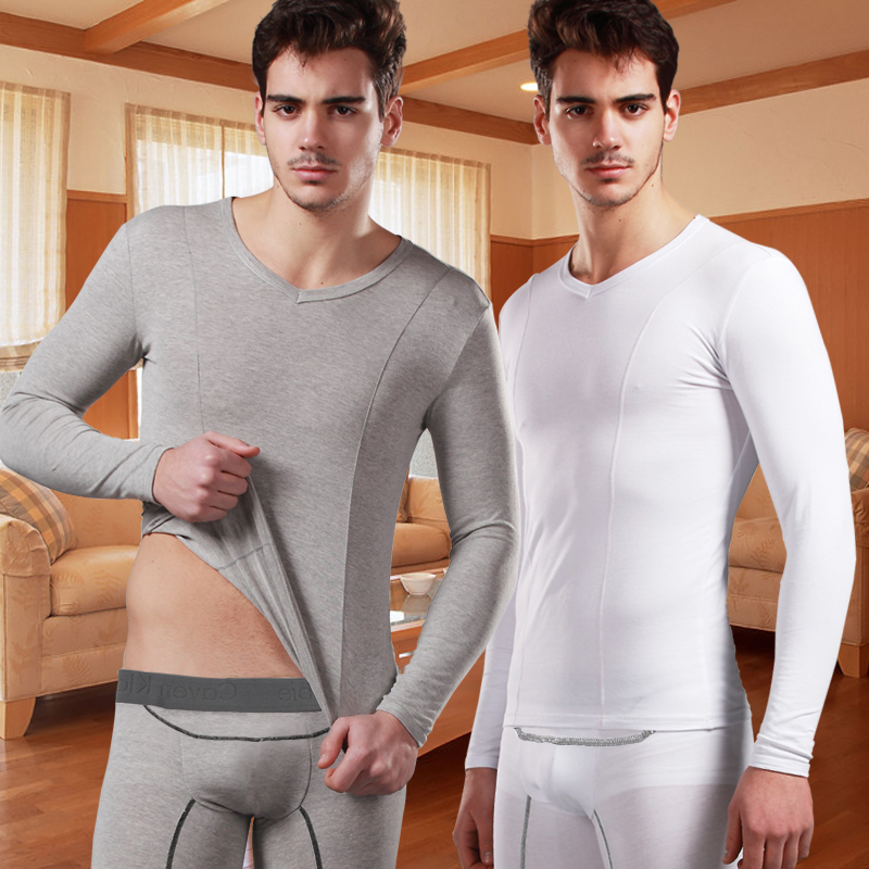 Free Shipping Male fashion slim V-neck basic thermal underwear set cotton thin long johns long johns