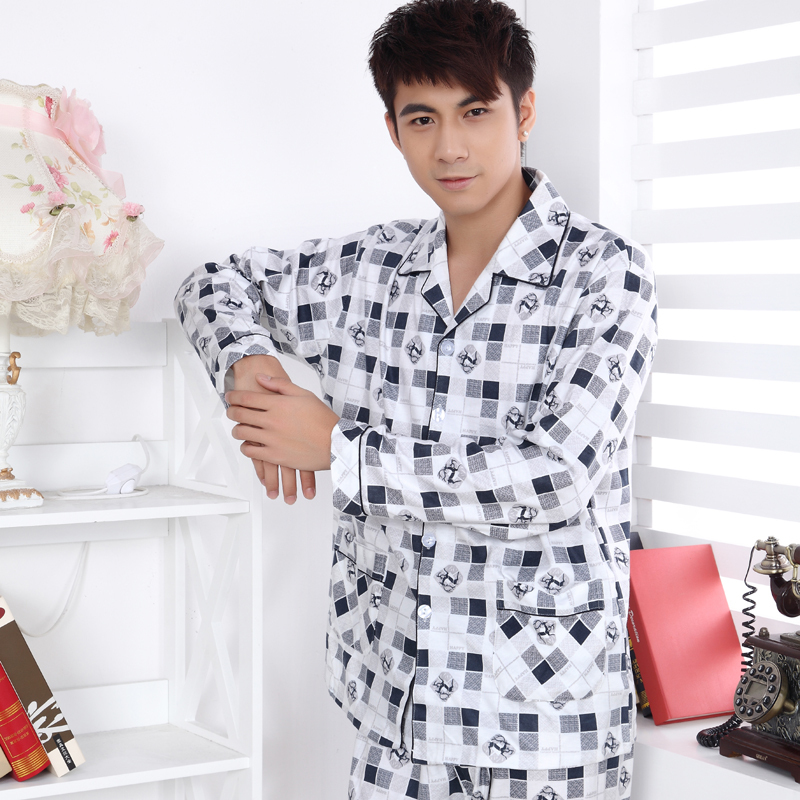 Free Shipping Male sleepwear spring and autumn casual plaid long sleeve length pants knitted cotton sleepwear lounge set