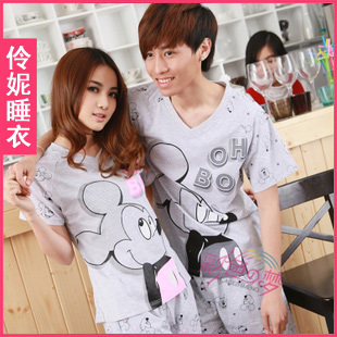free shipping Male women's set MICKEY short-sleeve 100% cotton knitted lovers sleepwear home
