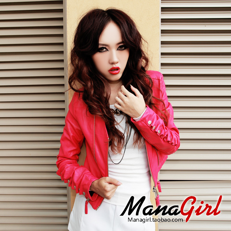 free shipping Managirl fashion leather double zipper solid color casual short design leather clothing outerwear syy000737