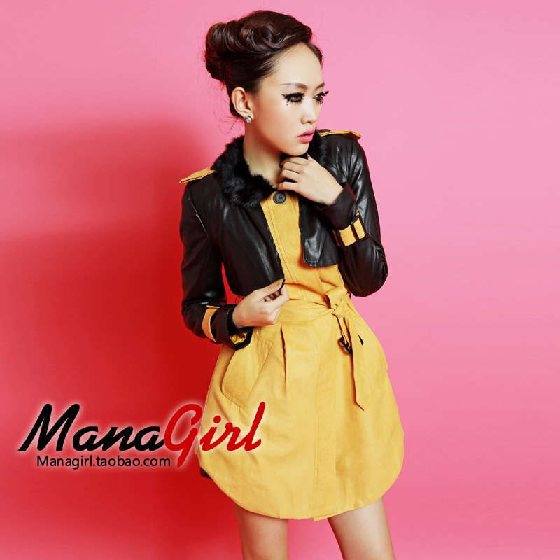 free shipping Managirl fashion leather PU patchwork faux two piece crew neck trench overcoat outerwear syy000922