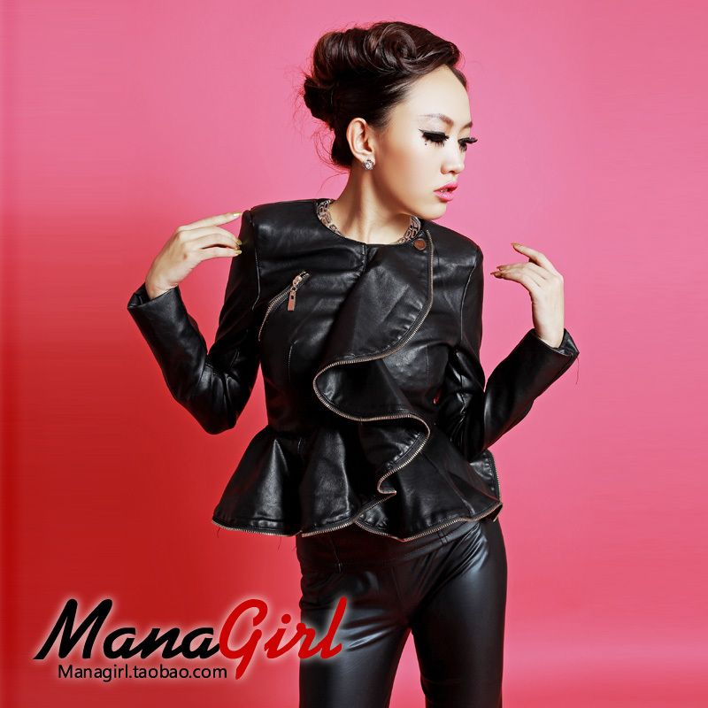 free shipping Managirl fashion ultralarge ruffle prettifier leather PU slim long-sleeve top syy000924