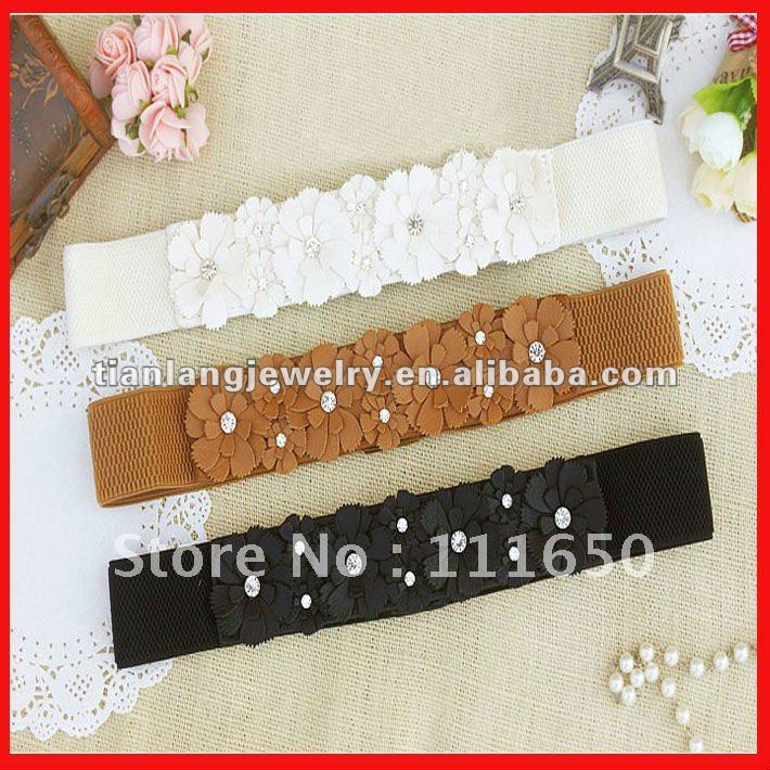 free shipping manufacture hot selling corea flower diamonds decorative leather elastic belt 10pcs/pack