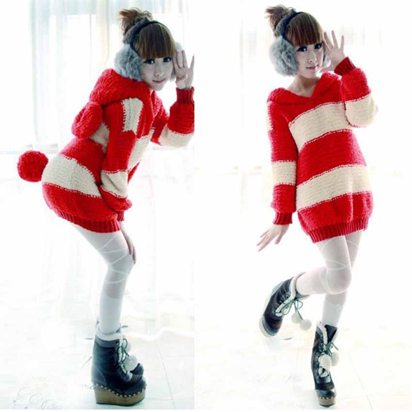 free shipping Manufacturers supply new fashion women's red and white stripes rabbit ears long sweater  #Y581