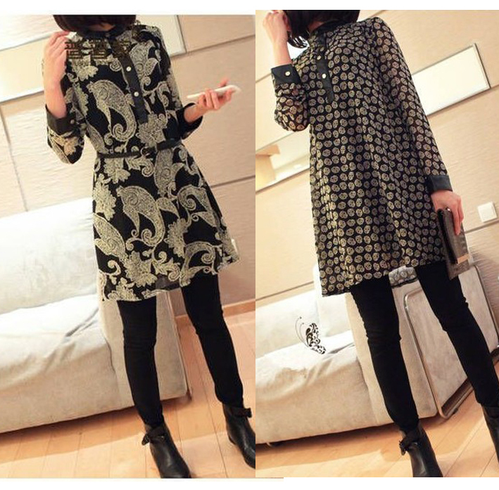 Free shipping Manufacturers supply new fashion Women's Stand-up collar  printed chiffon long shirt chiffon blouse#5006
