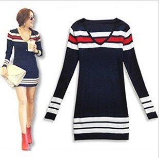 free shipping manufacturers supply Women's Stripe long sleeve thin knitting dress(MOQ: 1pc) #Y1008