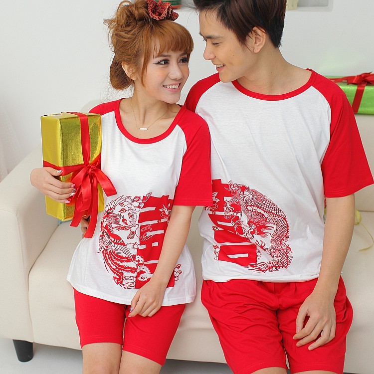 Free Shipping, Married summer red lovers sleepwear 100% cotton short-sleeve cartoon lounge sleep set