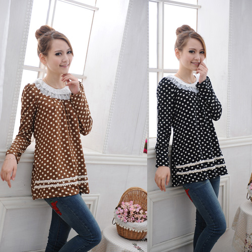 Free shipping Maternity clothing 100% cotton dot flower top plus size maternity long-sleeve basic shirt spring t-shirt