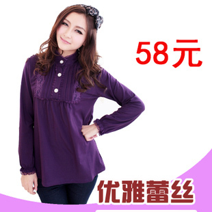 free shipping Maternity clothing spring maternity top 100% cotton basic shirt lace t-shirt long-sleeve shirt 1239