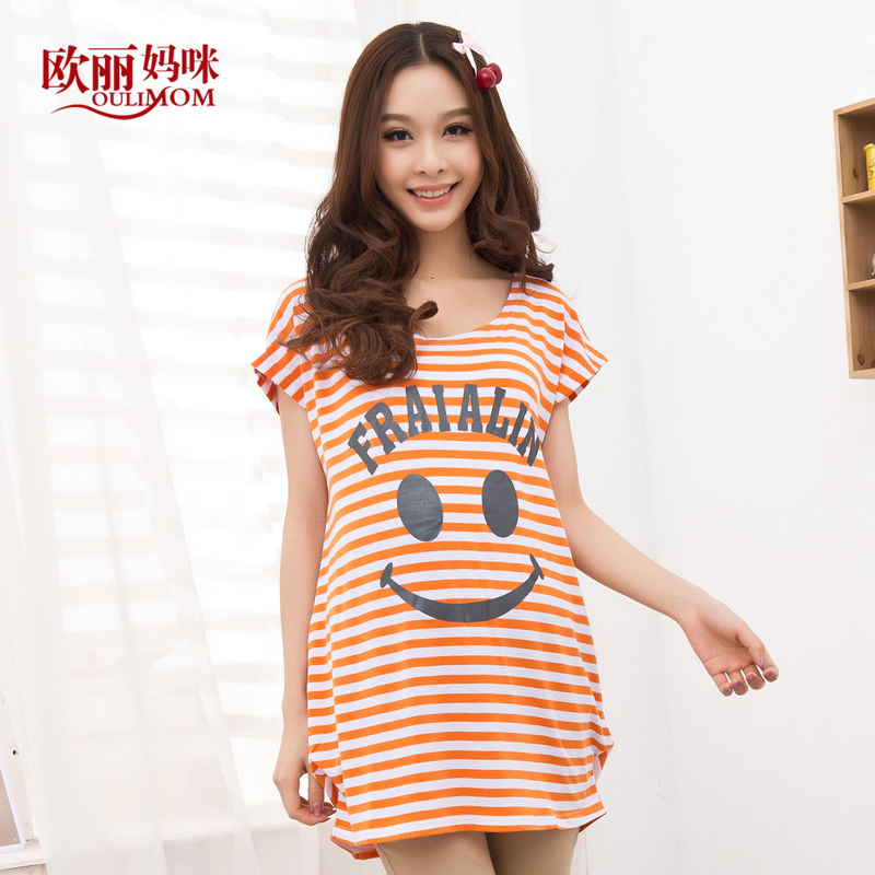 Free shipping Maternity clothing summer fashion o-neck stripe smiley T-shirt maternity short-sleeve shirt maternity top