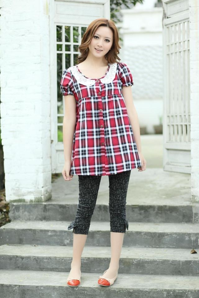 Free shipping Maternity clothing summer turn-down collar plus size plaid shirt short-sleeve 100% cotton maternity top t-shirt