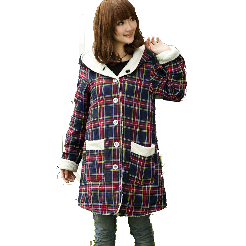 Free Shipping Maternity clothing winter fashion plaid reversible maternity winter plus velvet thickening wadded jacket outerwear
