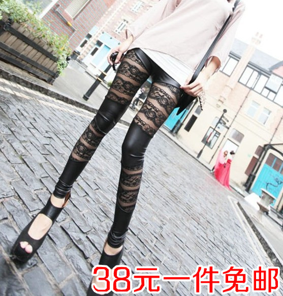 free shipping Matt faux leather patchwork lace legging sexy plus size clothing slim pencil pants