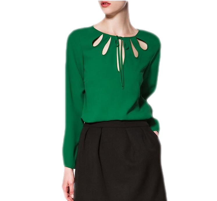 Free shipping,Maxi size,Women's Fashion Full Sleeve shirt, O-neck, Chiffon Blouse,Hollow Out Front,Black Green White, U094