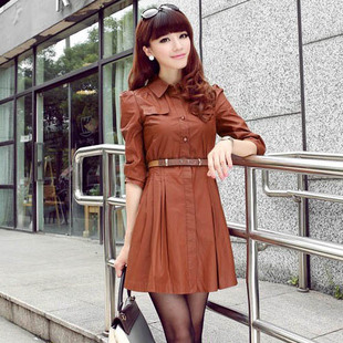Free shipping Medium-long plus size elegant outerwear one-piece dress turn-down collar Army Green female belt trench