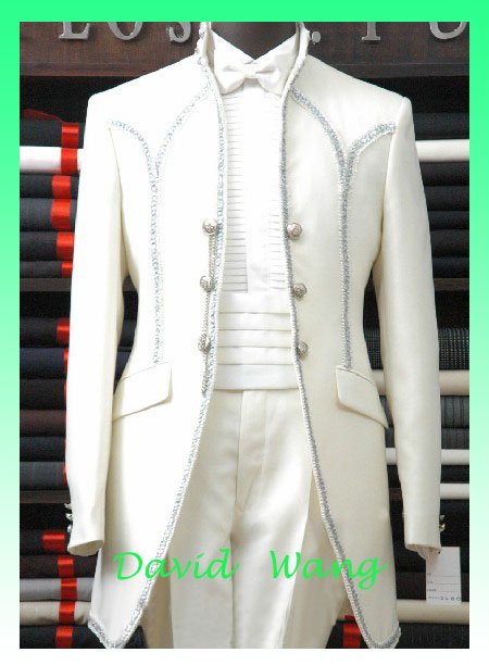 Free shipping Men's white dress suits, dress and groom perform (dress Clothes+Pants+ tie) material:Serge fabric