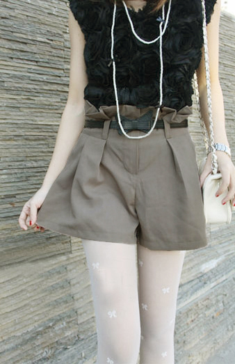 Free Shipping MG 5838 high waist pleated shorts bow belt