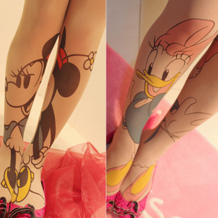 Free Shipping Min.order $15_ Minnie & Daisy Duck tattoo stockings legs stitching Tattoo socks