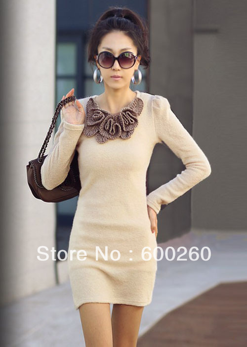 free shipping Mini Fashion Long Sleeve Butterfly Flower Woollen Sweater Short  Dress  #5119