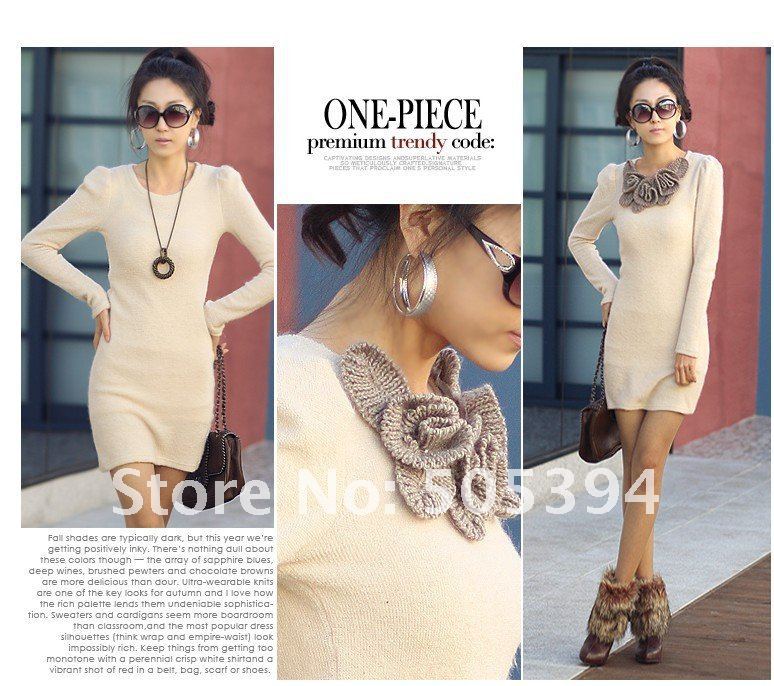 Free shipping Mini Fashion Long Sleeve Butterfly Flower Woollen Sweater Short Skirt Dress New#5119