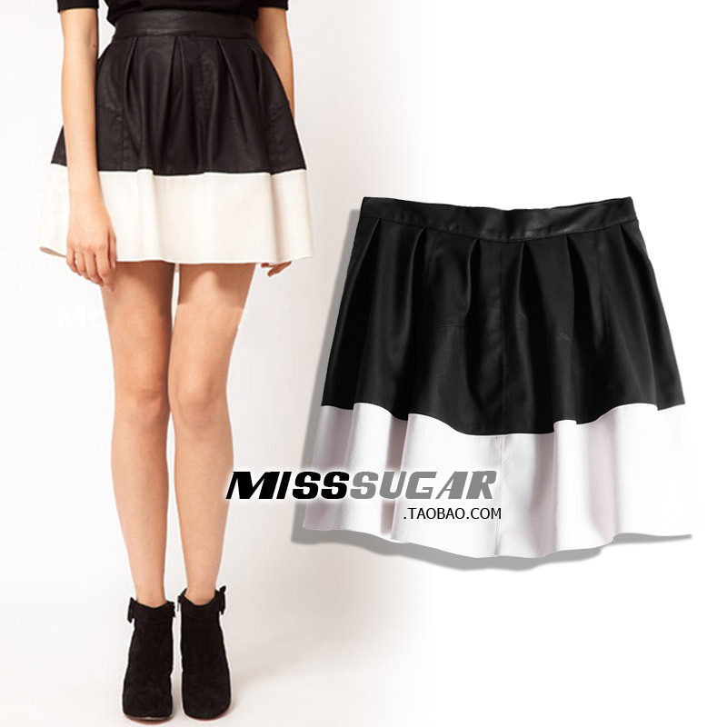 free shipping Misssugar fashion asos black and white color block leather skirt high waist a-line skirt bust skirt sheds