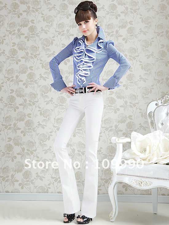 Free shipping Mixed Cotton blends Striped long sleeve crease falbala adornment fashion elegant women Blouse Shirt 2012NEW b9309