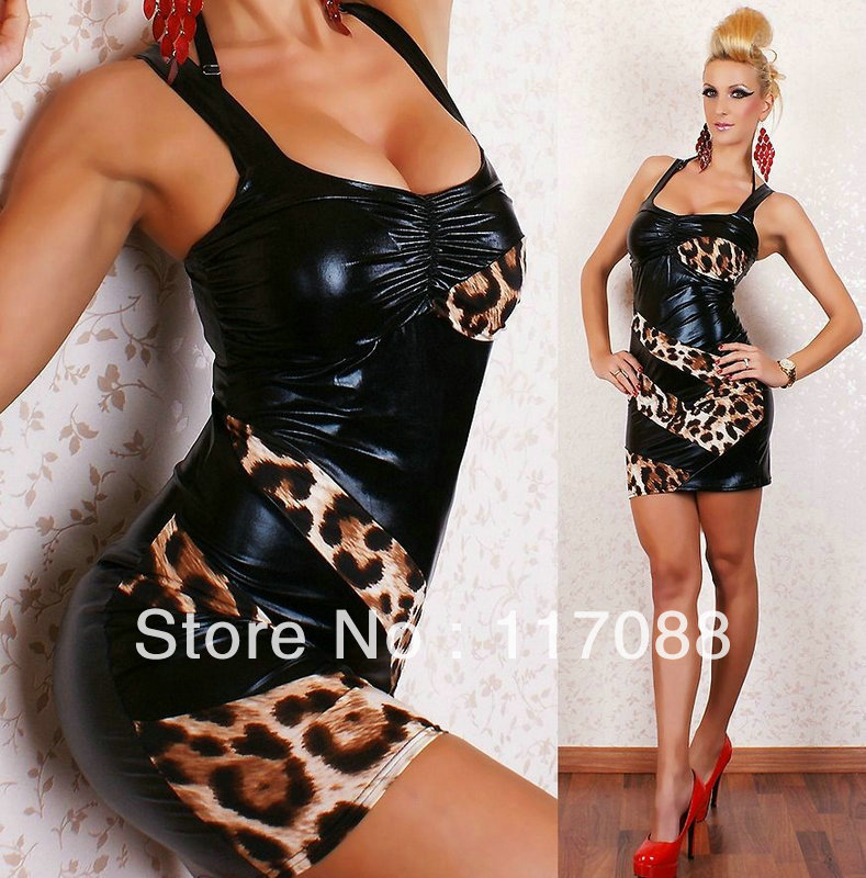 Free Shipping ML17571 Short Puffy dresses Black Faux Leather Cut Out Halter Mini Markings Dress Leopard Dresses