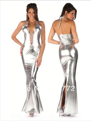 Free shipping ML17707 New Arrival Sexy silver Gown long Leather women's dresses