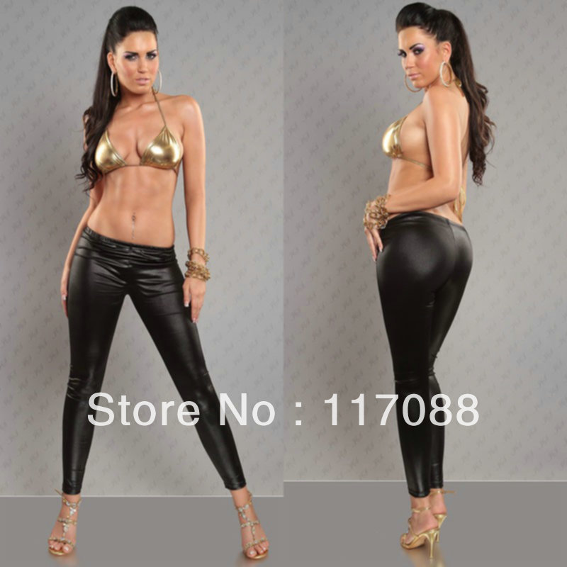 Free Shipping ML7586 Wholesale Price Factory Onestop Price Wet Look Dark Black Legging Sexy Leather Pants