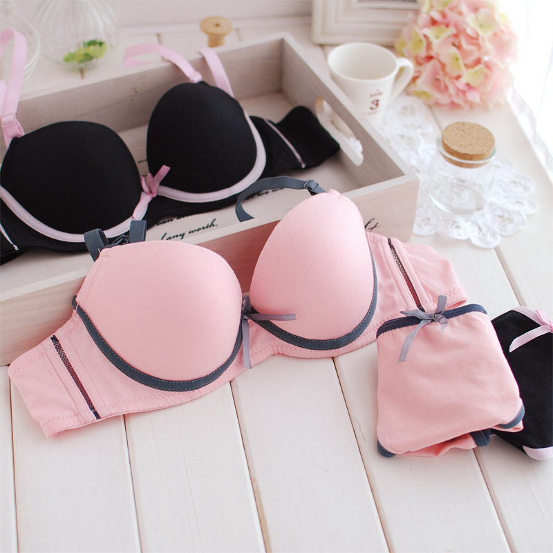 free shipping Modal cotton bra set solid color sweet juniors underwear set pink black