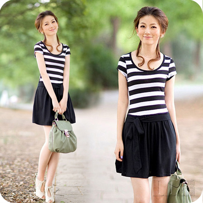 Free shipping modal high quality 2012 summer women's bow stripe patchwork one-piece dress lacing dress fashion ladies dress