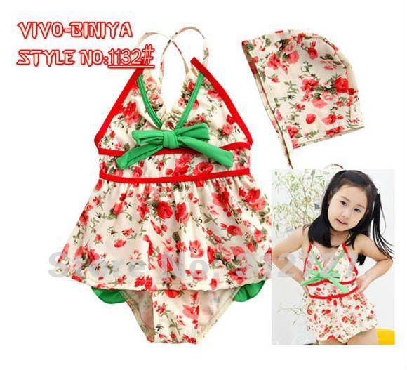 free shipping MOQ:5pcs, 2colors floral one piece swimsuit with hat baby girl beach wear kid bikini Korea Style High Quality