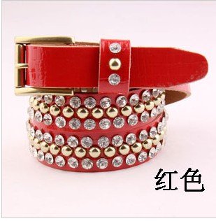 free shipping more colors  women rivet crystal belt, lady cow leather skinny rhinestoen belt
