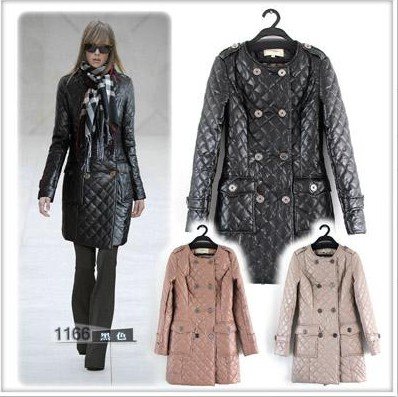 free shipping more than 4 pcs 10% off bu**rry 2012 winter overcoat PU leather coat plaid slim outerwear overcoat