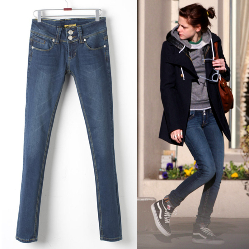 Free shipping, Moussy jeans female buttons skinny pants slim denim female trousers Dark Blue