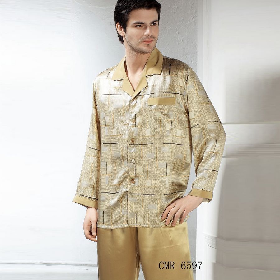 free shipping Mulberry silk heavy silk sleepwear elegant male long sleeve length pants set 6597