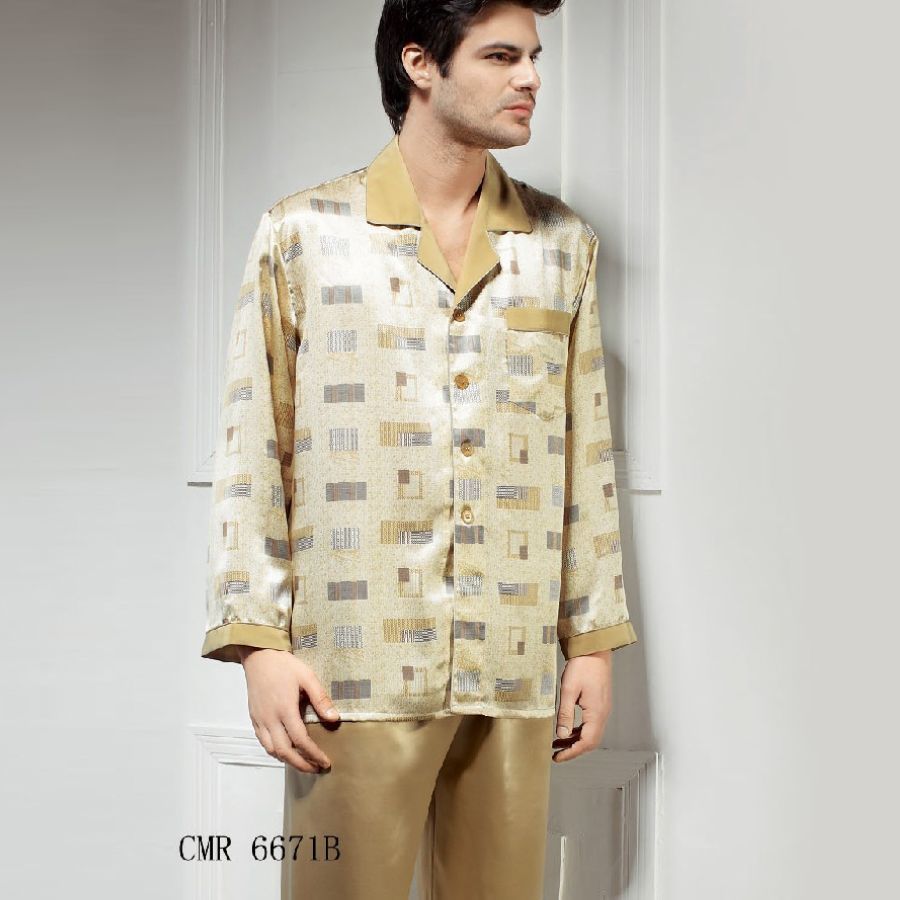 free shipping Mulberry silk heavy silk sleepwear male long sleeve length pants set 6671b