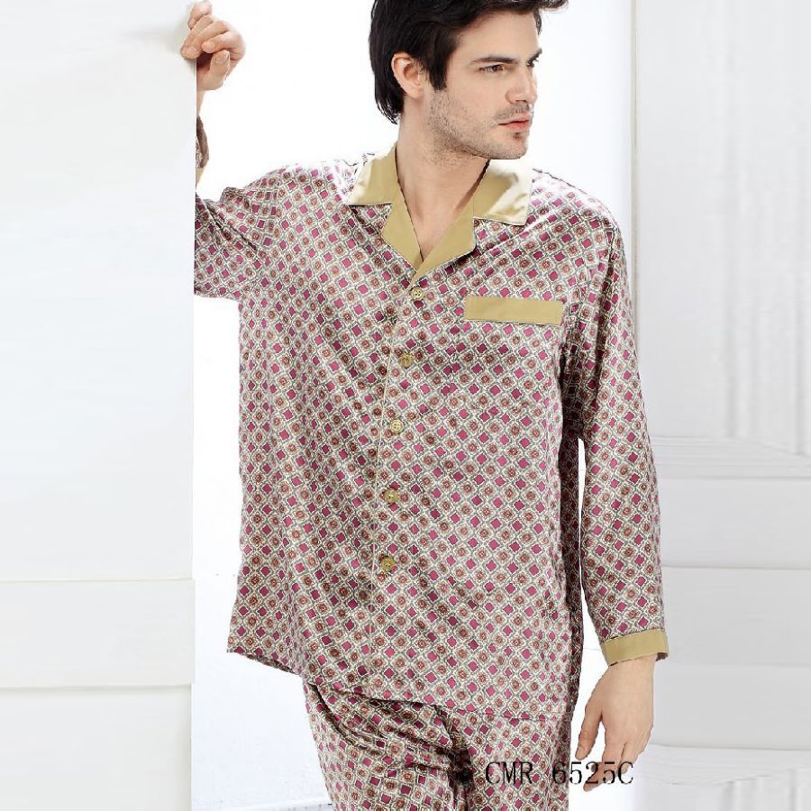 free shipping Mulberry silk heavy silk sleepwear male long sleeve length pants set gold elegant 6525c