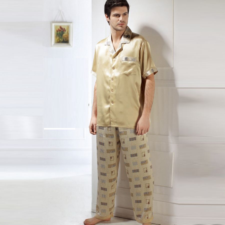 free shipping Mulberry silk heavy silk sleepwear male short sleeve length pants set elegant fashion men 6672