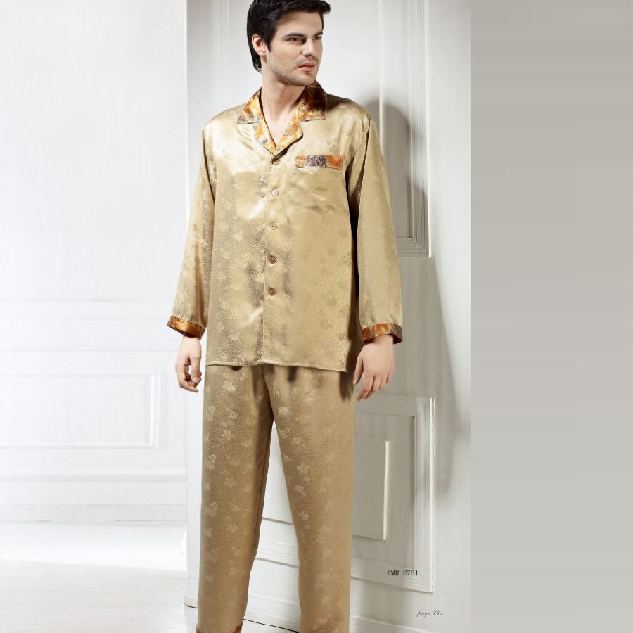 free shipping Mulberry silk heavy silk sleepwear male vintage jacquard champagne color long sleeve length pants sets 6751