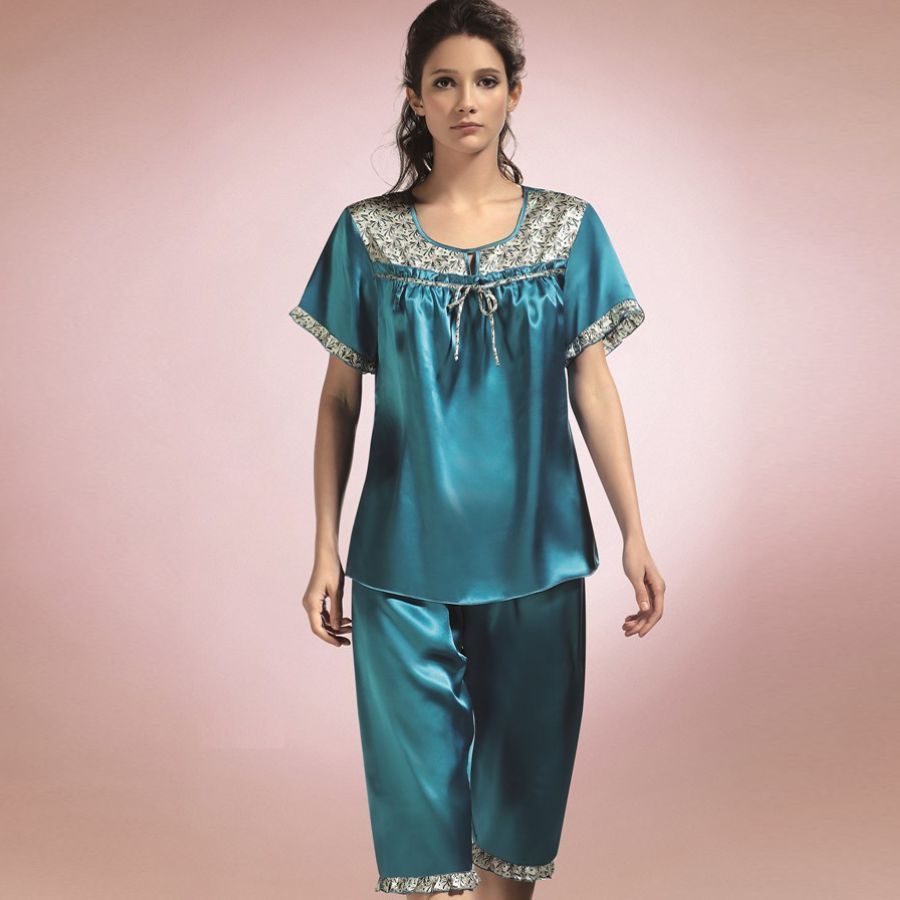 free shipping Mulberry silk sleepwear lounge female print short-sleeve capris sleep set 2156 chromophous