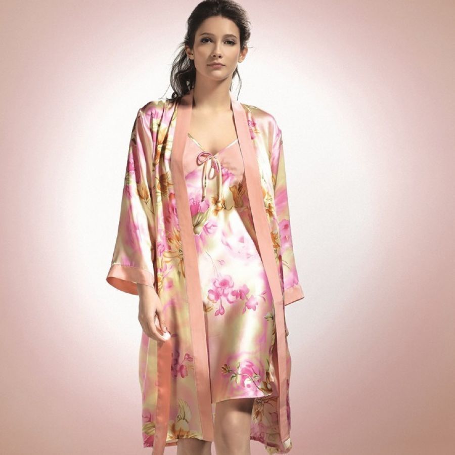 free shipping Mulberry silk sleepwear lounge female spaghetti strap robe twinset ye001-2 flowers