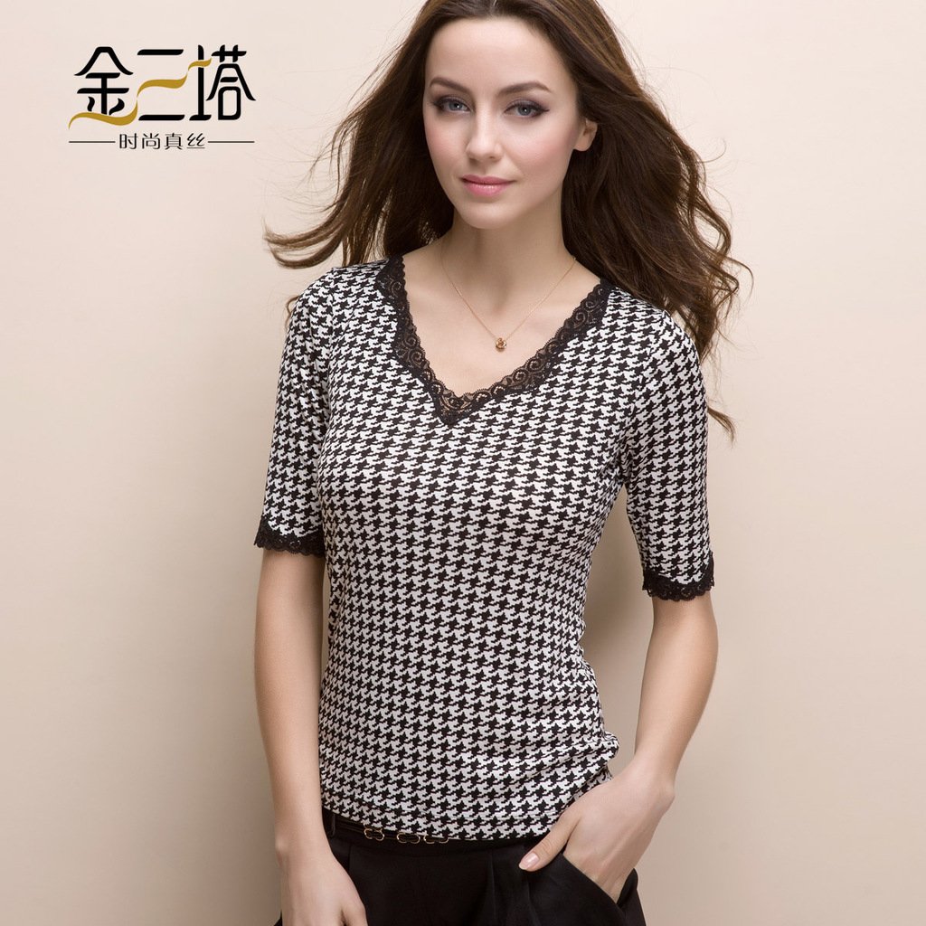 free shipping Mulberry silk women's basic shirt houndstooth knitted top