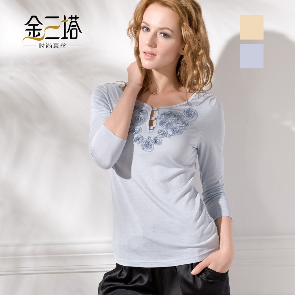 free shipping Mulberry silk women's knitted plate belt half sleeve top silk basic shirt