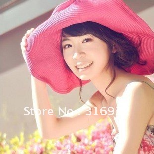 Free Shipping Multi-colors Straw Hat, Women Large Wide Brim Beach Hat, Foldable Sun Hat with Silk Ribbon for free