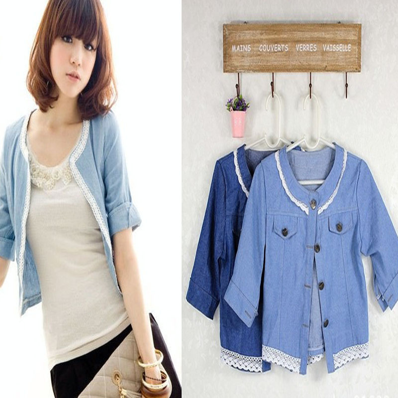 Free shipping Mushroom 2013 summer clothes women's o-neck lace pocket half sleeve denim outerwear