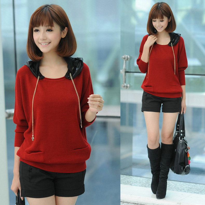 free shipping Mushroom 72 fashion women's autumn new arrival patchwork with a hood bat long-sleeve sweater female
