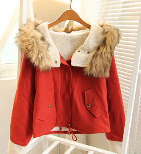 FREE SHIPPING Mushroom sweet drawstring lamb's hooded with a hood large fur collar thick red cotton-padded jacket wadded jacket